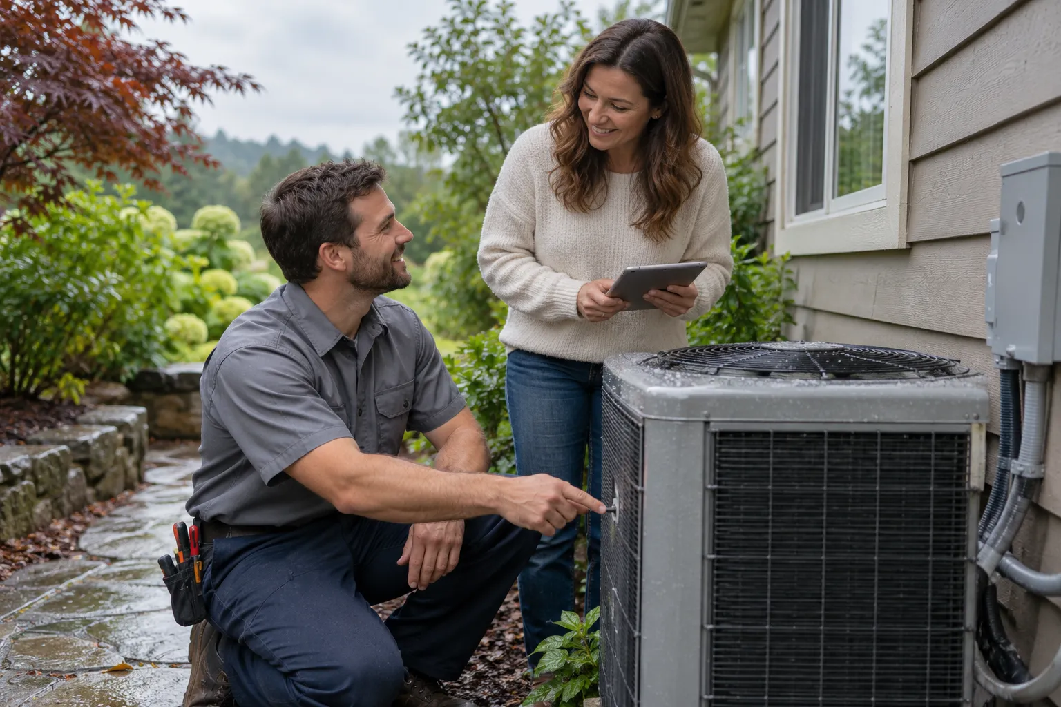 A friendly HVAC provider talking with a homeowner beside an outdoor AC unit in Tacoma